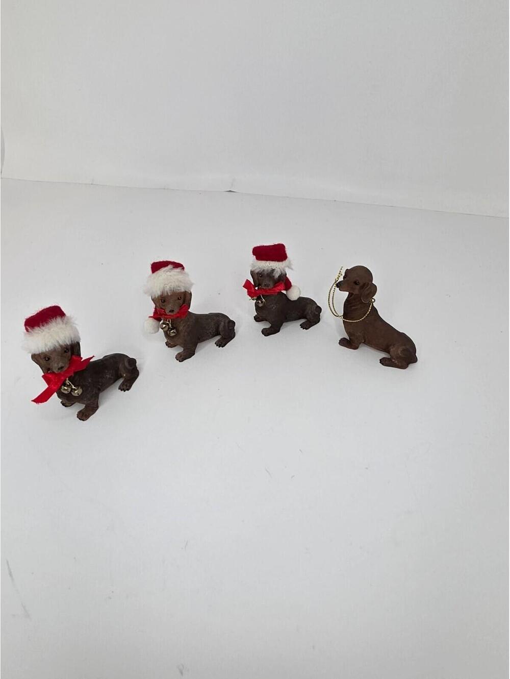 Vintage Mini Dachshunds 4pc. Santa Hat w/bells Christmas Ornaments/Whatnots
